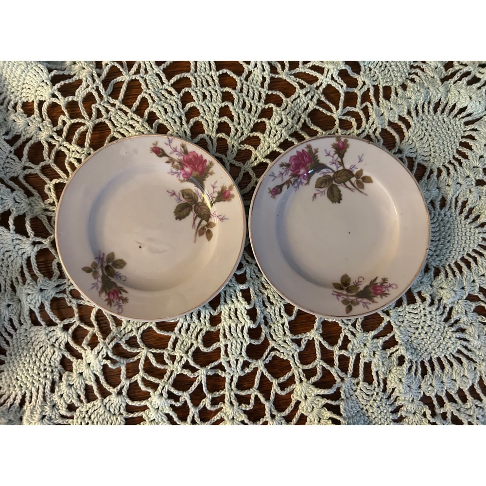 Vintage Japan Porcelain Miniature Plates Set of 2 Pink Rose Floral 4.75 Inch